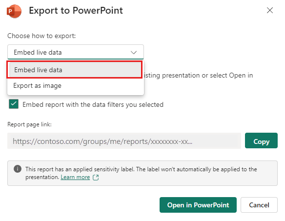 Captura de tela da opção Inserir dados dinâmicos do relatório do Power BI.