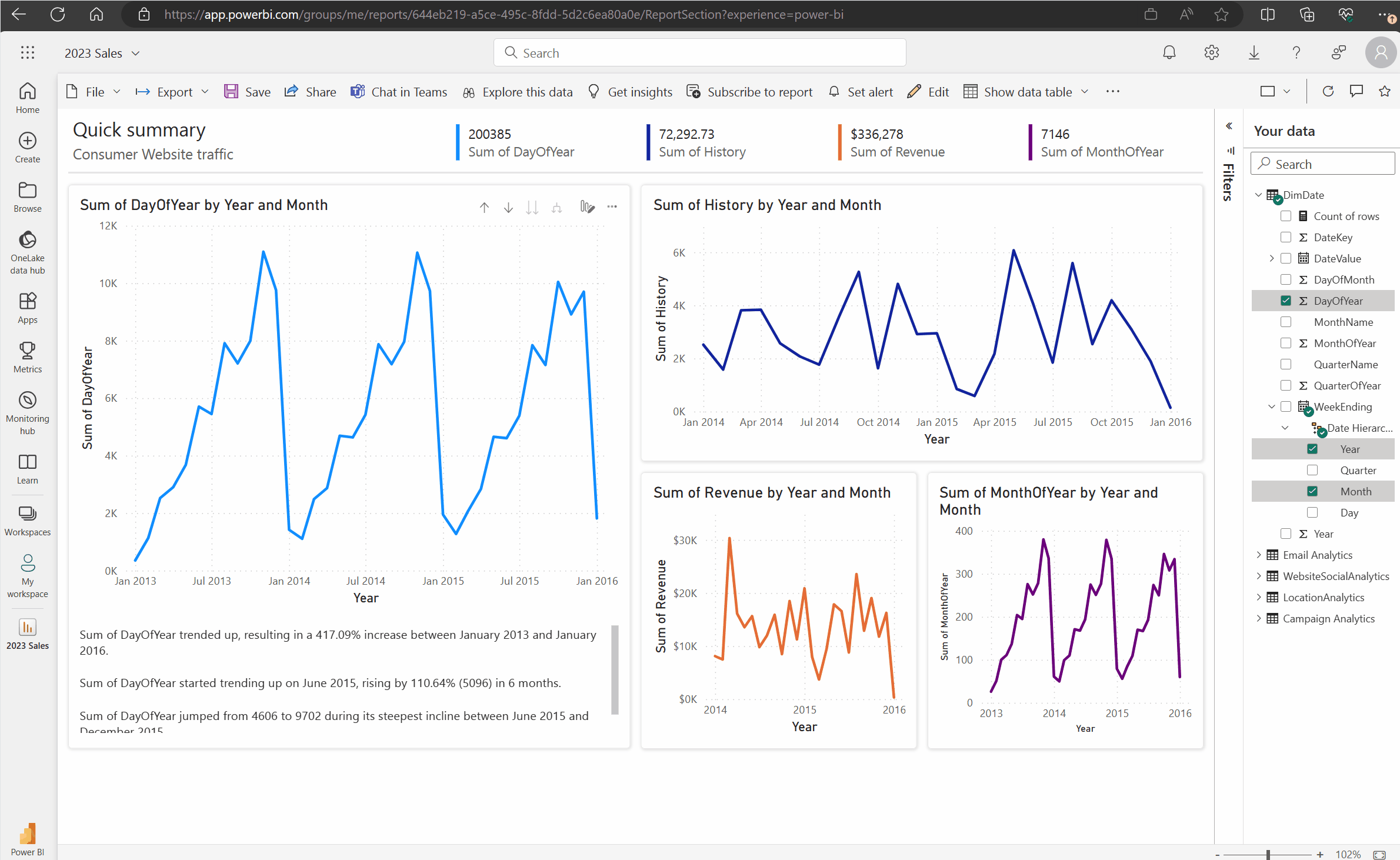 Captura de tela da inserção da página do relatório do Power BI no suplemento.