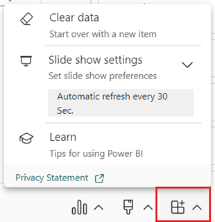 Captura de tela do suplemento do Power BI para o menu de opções do suplemento do PowerPoint.