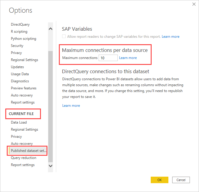 Captura de tela que mostra a configuração do número máximo de conexões do DirectQuery.