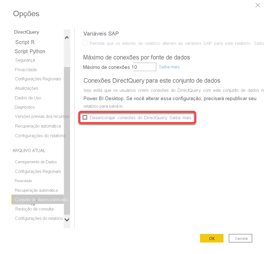 Screenshot of the Discourage DirectQuery connections setting in Power BI Desktop Options menu.