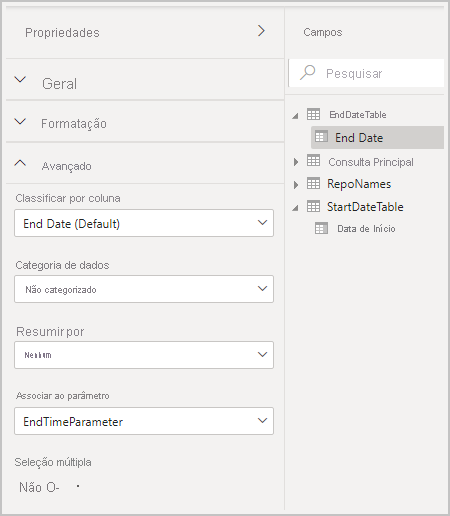 Captura de tela que mostra a configuração de mais parâmetros.