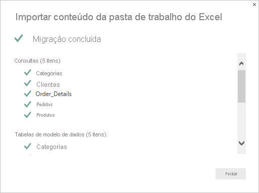 Screenshot that shows the Import Excel workbook contents summary page.