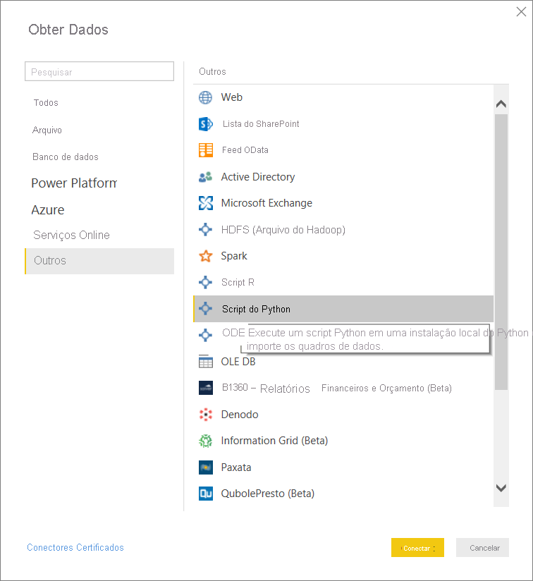 Captura de tela que mostra a opção Obter Dados com o script Python selecionado.