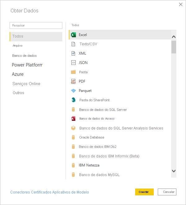 Screenshot shows the Get Data dialog with All and Excel selected.