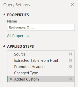 Captura de tela do painel Configurações de Consulta do Editor do Power Query mostrando a lista Etapas Aplicadas com as ações até o momento.