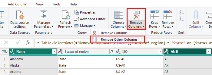 Captura de tela de Editor do Power Query realçando a lista suspensa Remover Colunas e o item Remover Outras Colunas.