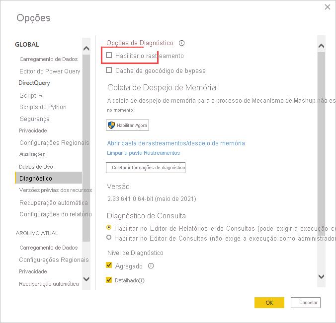 Screenshot shows the option to enable tracing in Power BI Desktop.