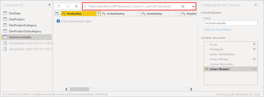 Screenshot shows the Power Query Editor with code that filters out the product key.