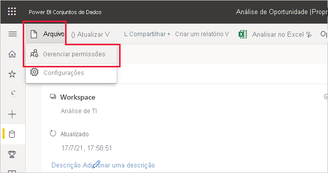 Captura de tela do comando de menu para abrir a página de permissões de gerenciamento do modelo semântico na página de informações do modelo semântico.