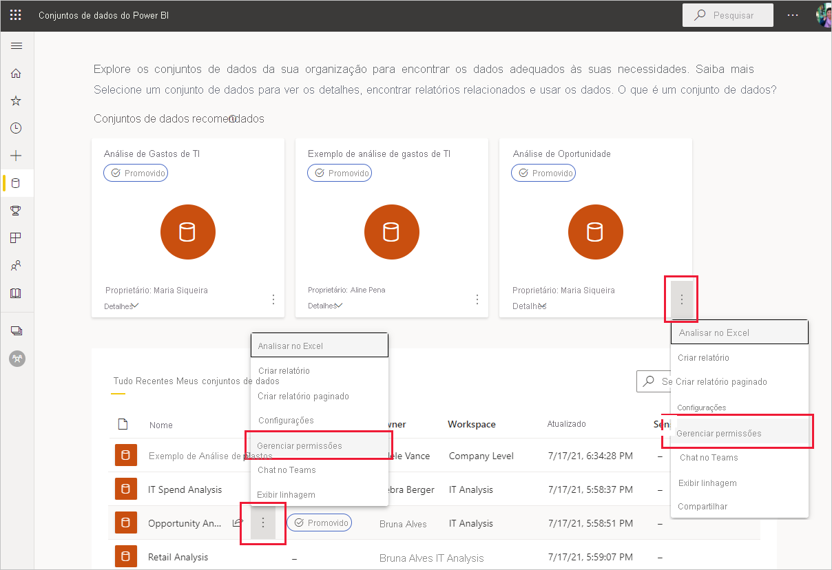 Captura de tela do comando de menu para abrir a página de permissões de gerenciamento do modelo semântico da lista de itens em um workspace ou no hub de dados do OneLake.