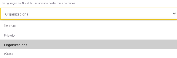 Captura de tela das seleções de Nível de privacidade para fonte de dados.