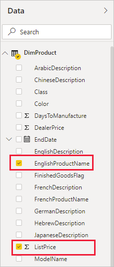 Captura de tela do painel Dados com os campos EnglishProductName e ListPrice realçados.