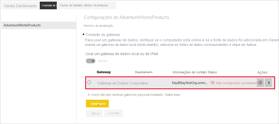 Captura de tela que mostra a conexão do Gateway em Configurações.