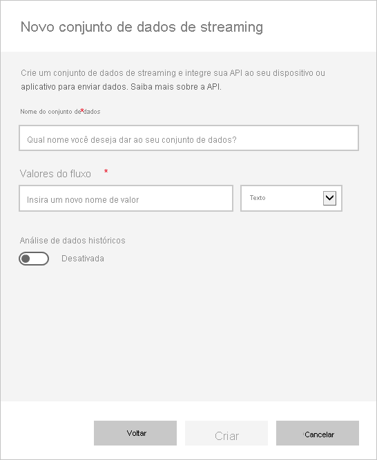 Captura de tela da caixa de diálogo Novo modelo semântico de streaming, mostrando as entradas da API REST do Power BI para uma conexão.