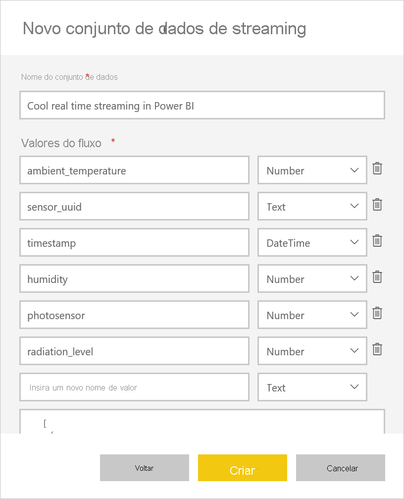 Captura de tela da caixa de diálogo Novo modelo semântico de streaming, mostrando padrões para o nome do modelo semântico e valores dos campos de fluxo.