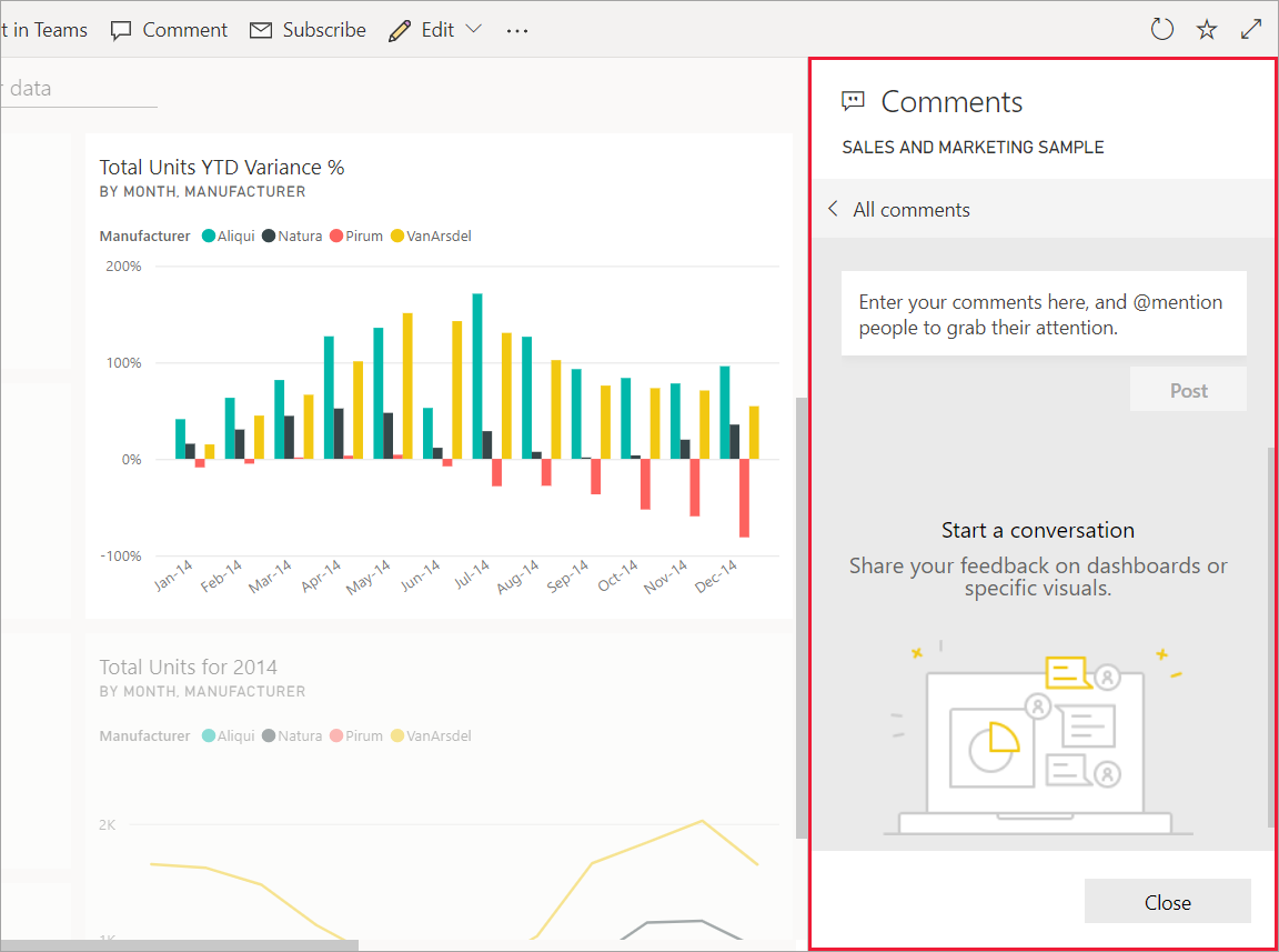 Screenshot showing a highlighted visual on a dashboard. The Comments section is outlined.