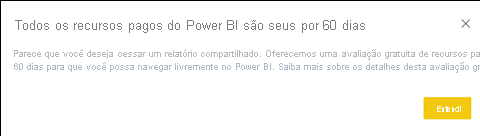 Captura de tela mostrando a caixa de diálogo para uma avaliação gratuita do Power BI Pro.