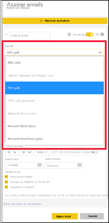 Screenshot showing the export formats for subscribing.