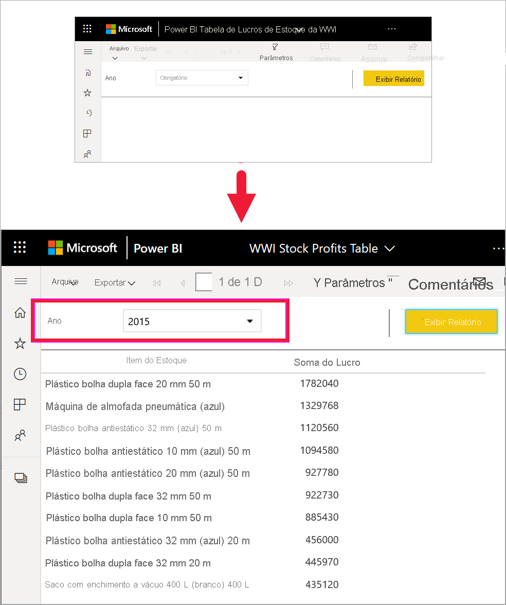 Screenshot showing a report with the year parameter selected.