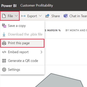 Captura de tela do menu Arquivo do serviço Power BI aberto e Imprimir esta página selecionado.