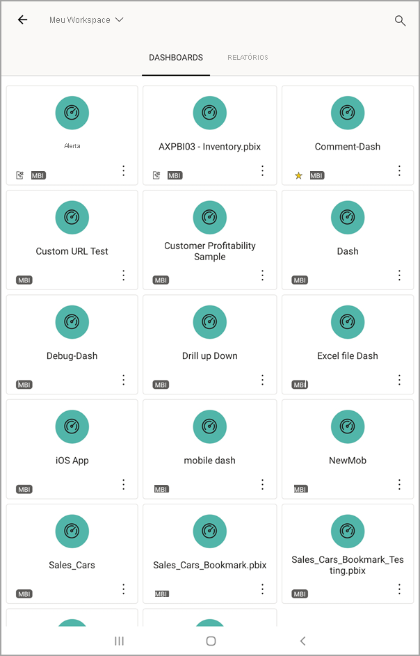 Screenshot shows an Android tablet screen with My Workspace with DASHBOARDS selected.