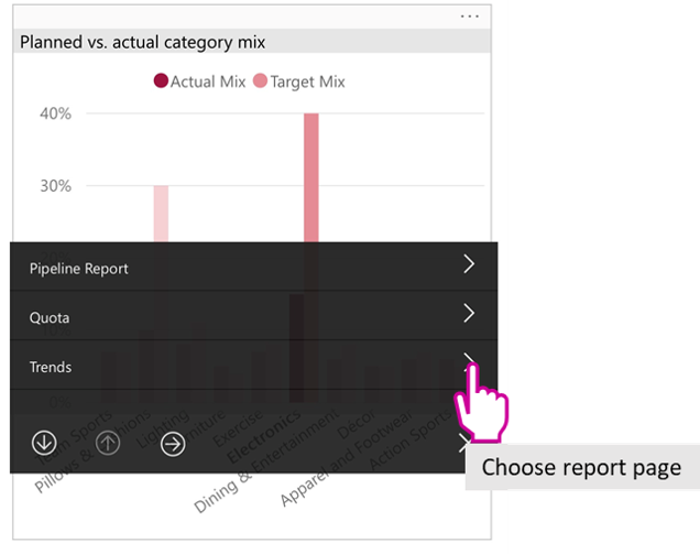 Screenshot of drill-through options in the mobile app.