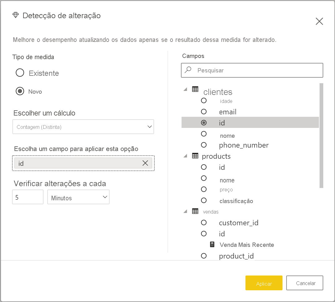 Janela da detecção de alterações