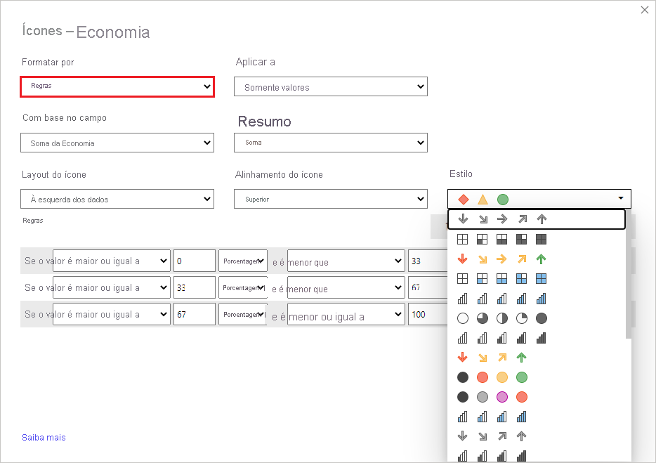 Dialog of icons: format style is set to Rules. Available icons are shown under the Style dropdown.