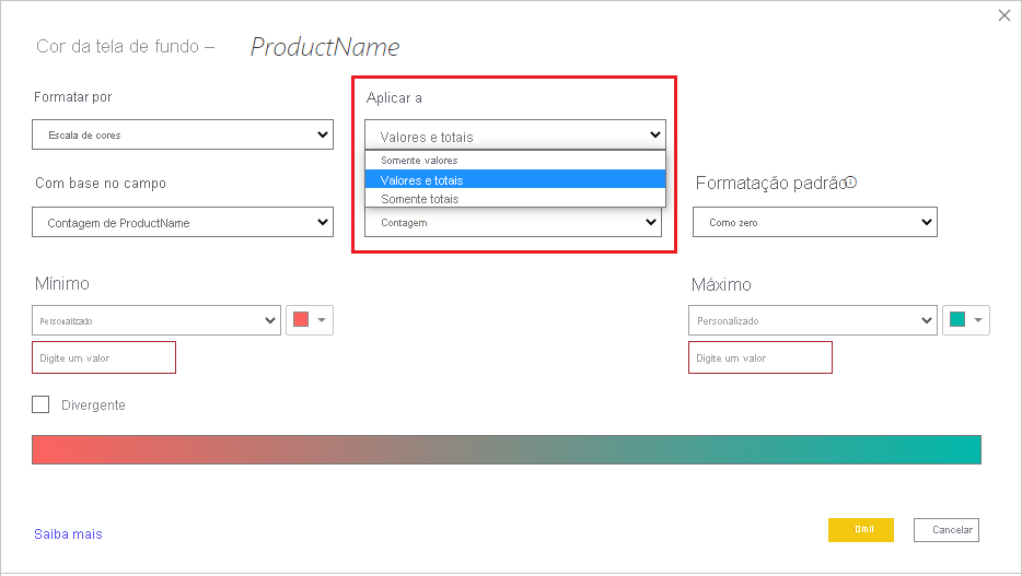 Conditional formatting dialog: Apply to dropdown is set to Values and totals.