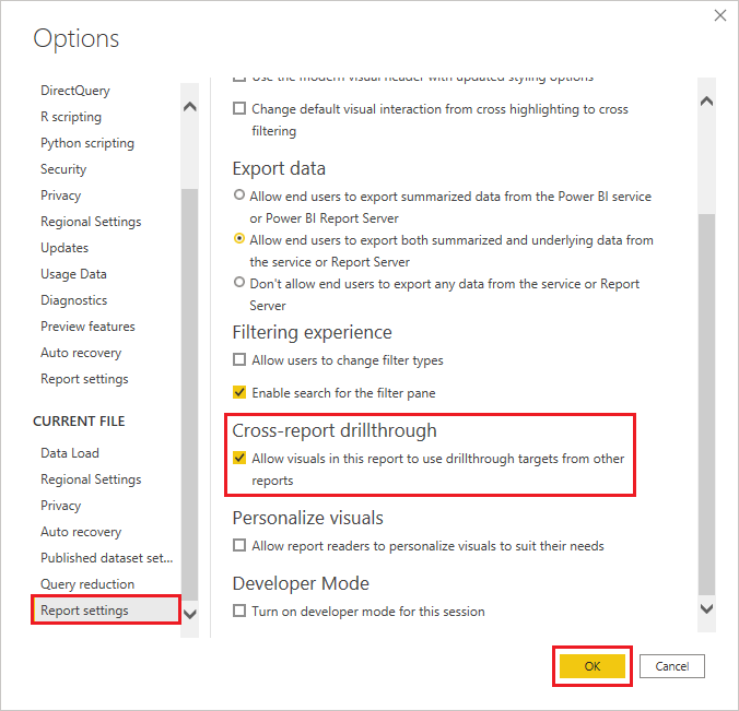 Captura de tela que mostra a habilitação do detalhamento entre relatórios no Power BI Desktop.