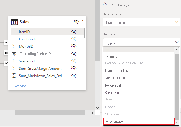 Screenshot of Power BI desktop in Modeling view, highlighting Custom in the Format dropdown menu.