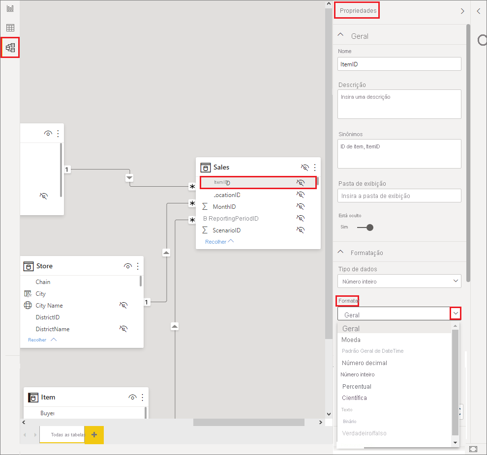 Screenshot of the Properties pane, highlighting the Format menu.