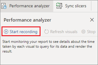 Screenshot of Performance Analyzer, highlighting Start recording.