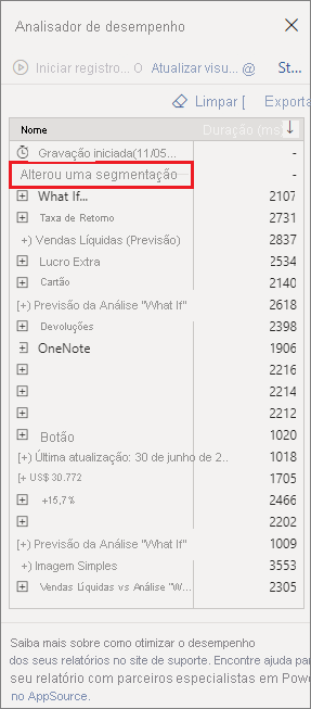 Screenshot of the Performance Analyzer pane, highlighting the Changed a slicer interaction type.