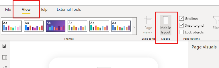 Captura de tela do botão layout móvel na faixa de opções Exibir no Power BI Desktop.