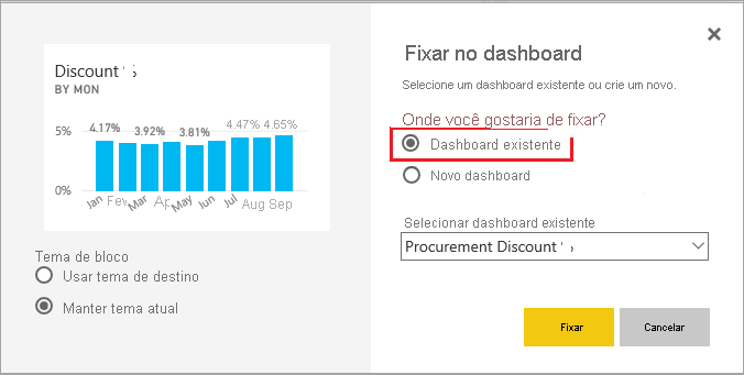 Captura de tela da janela Fixar no dashboard, realçando o painel Existente.