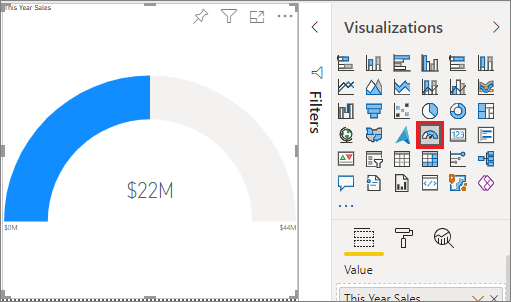 Screenshot of the visual and the Visualizations pane, highlighting the Gauge template icon.