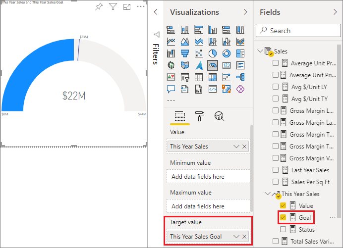 Screenshot of the Visualizations and Data panes, highlighting Target value and Goal.