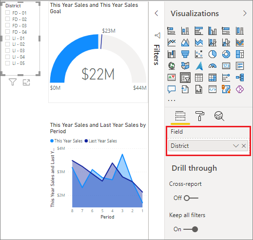 Screenshot of the slicer, highlighting District in the Visualizations pane.