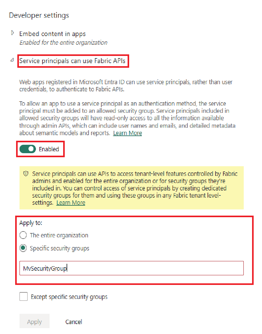 Captura de tela da seção Configurações do desenvolvedor. A opção para permitir que as entidades de serviço usem APIs do Power BI está ativada para um grupo de segurança.