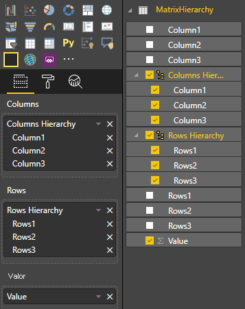 A captura de tela mostra MatrixHierarchy com a hierarquia de colunas e linhas e os respectivos membros selecionados.