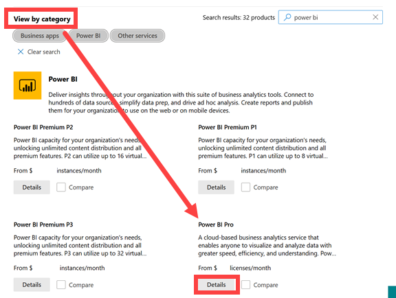 Captura de tela mostrando as opções do Power BI para serviços de compra.