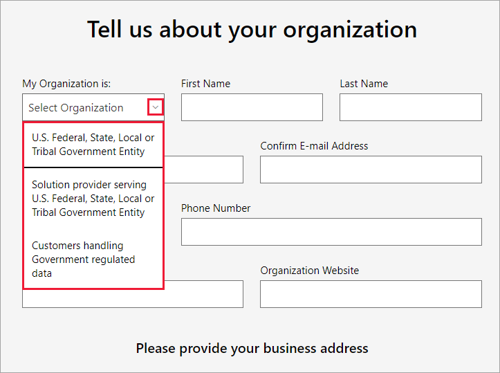 Screenshot showing a portion of the organization information form. The organization type menu is expanded, and the options are highlighted.