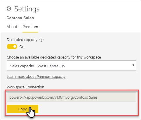 Captura de tela mostrando a página de configurações. A seção de conexão do workspace está realçada.