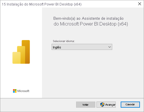 Captura de tela da instalação do Power BI Desktop mostrando o assistente de instalação.