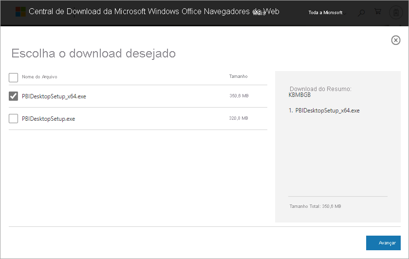 Captura de tela do Centro de Download mostrando o download do Power BI Desktop de 64 bits selecionado.