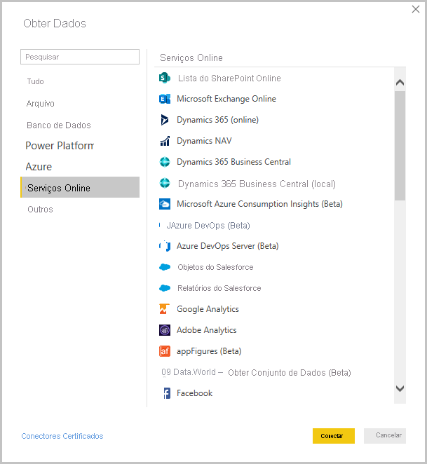 Screenshot of Power BI Desktop showing the Get Data dialog box.