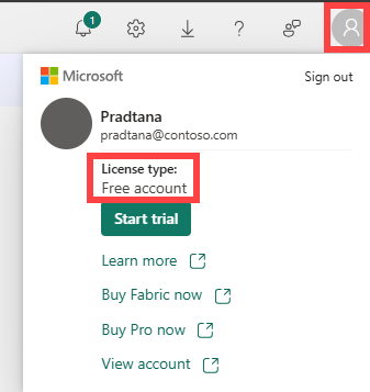 Captura de tela do seu gerenciador de contas do Power BI com seu ícone e seu tipo de licença contornados.