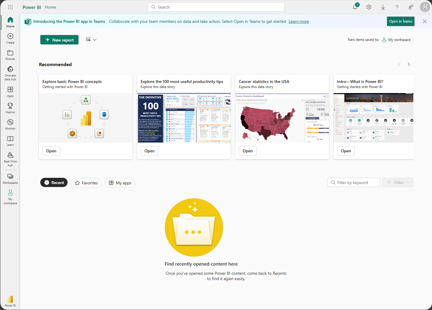 Captura de tela da sua Página Inicial do Power BI.